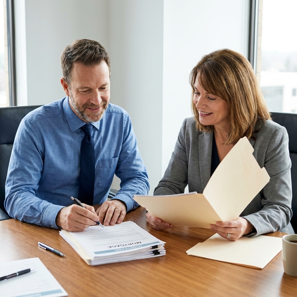 A borrower and loan officer sitting at a table reviewing mortgage documents with a pen and a folder during a loan closing meeting