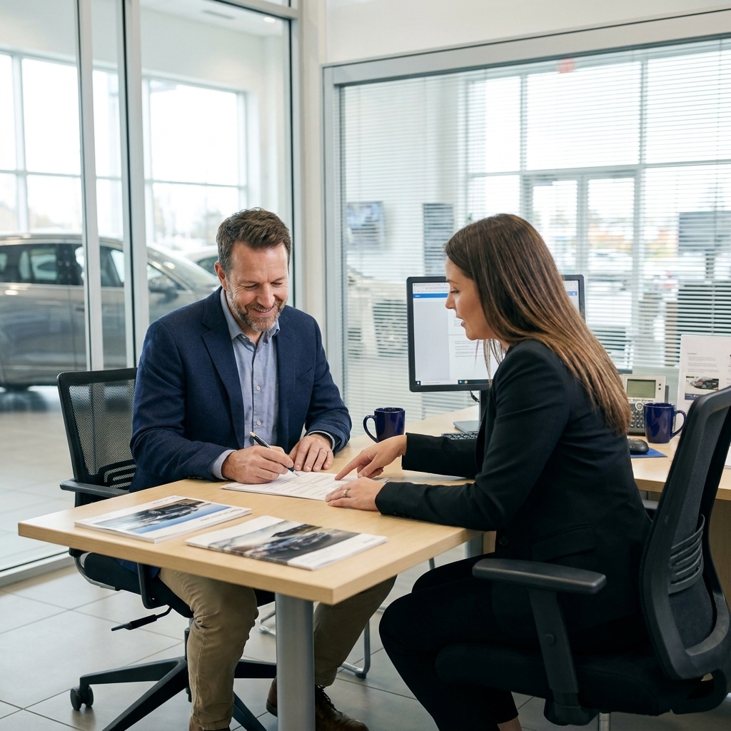 A borrower sitting across from a finance manager in a car dealership office while reviewing loan terms on paperwork