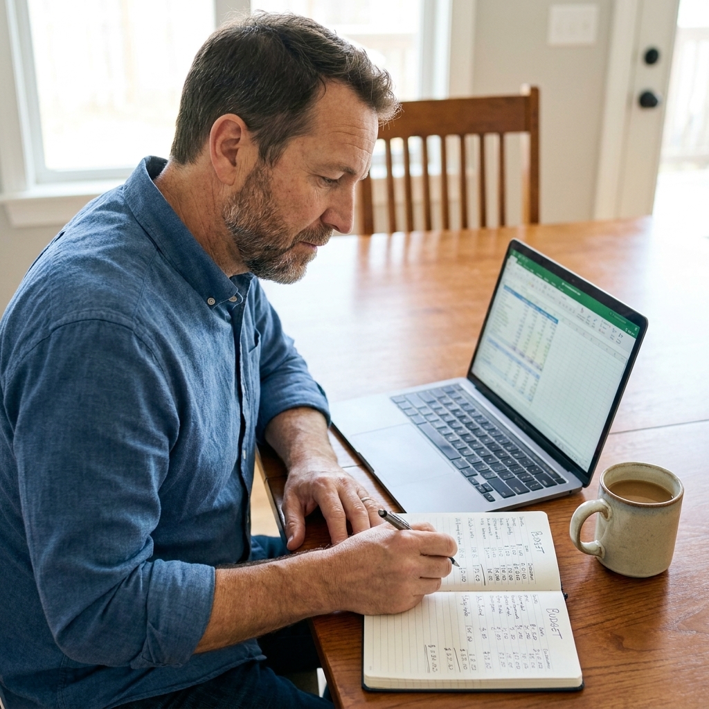 A budget notebook open on a dining table next to a laptop and a cup of coffee