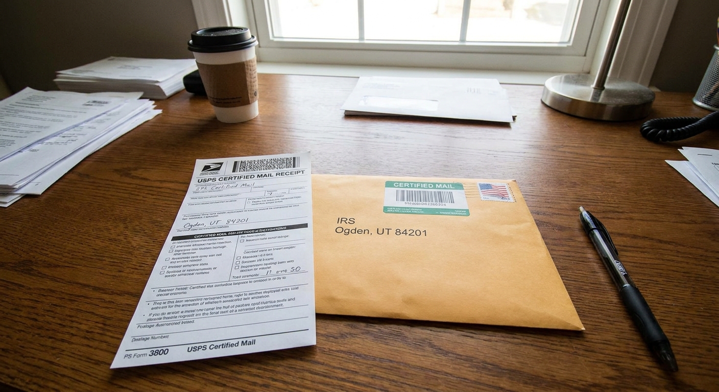 A certified mail receipt and an addressed envelope on a desk next to a pen