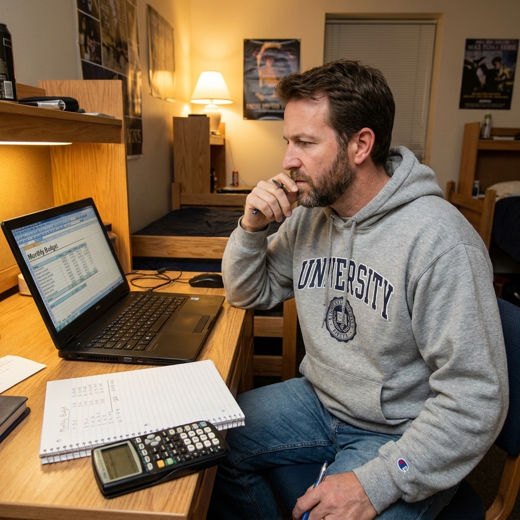 A college student in a dorm room checks a monthly budget on a laptop with a notebook and calculator on the desk.