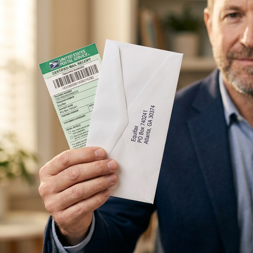 A hand holding a certified mail receipt next to a sealed envelope addressed to a credit bureau