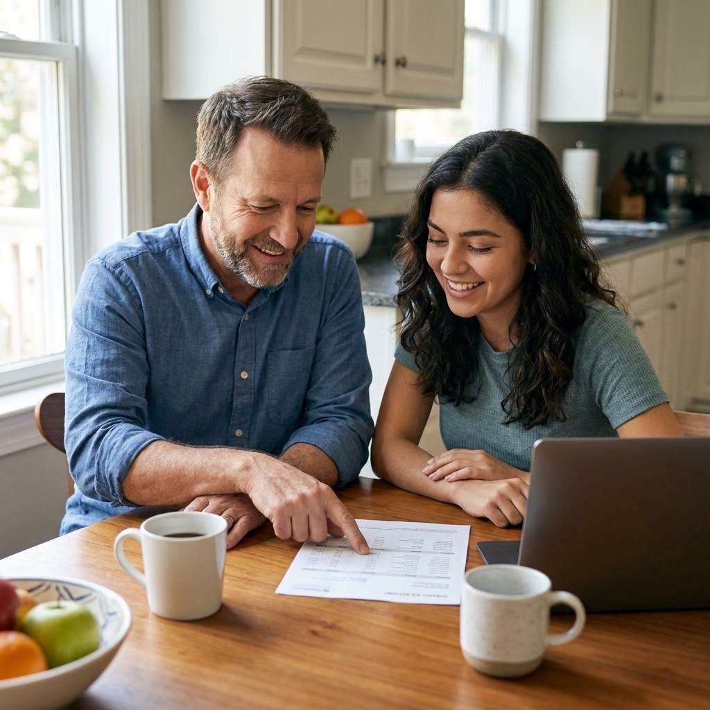 A parent and a college-age student sit at a kitchen table reviewing a credit card statement together.