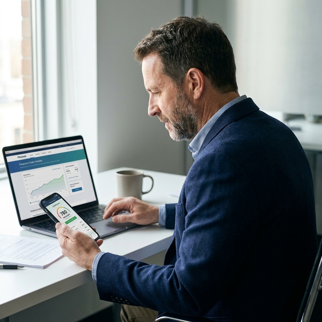 A person at a desk looking at a laptop screen while holding a smartphone, as if checking a credit score.