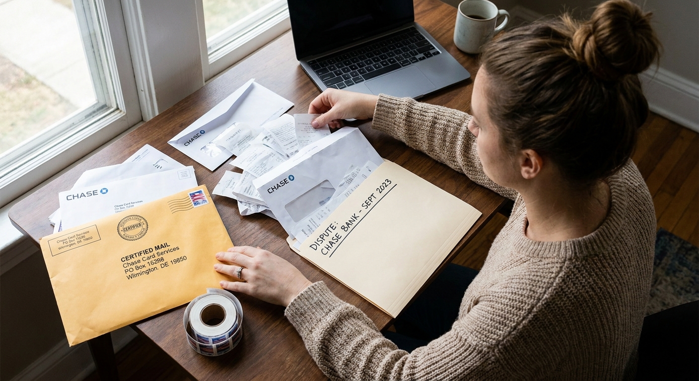 A person at a desk organizing receipts and bank letters into a folder next to a stamped envelope, preparing to mail a dispute packet