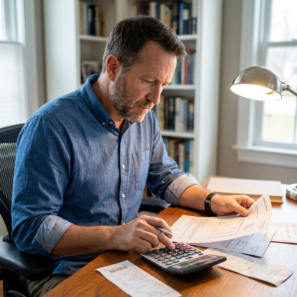 A person at a desk reviewing a credit card statement on paper with a calculator and pen, focused and organized in a realistic home office scene