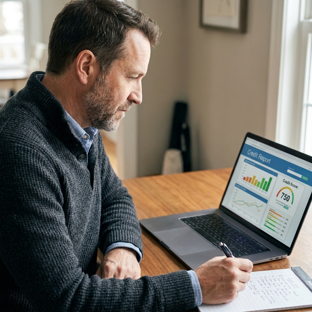 A person at a desk reviewing an online credit report on a laptop screen with a notepad and pen beside it.