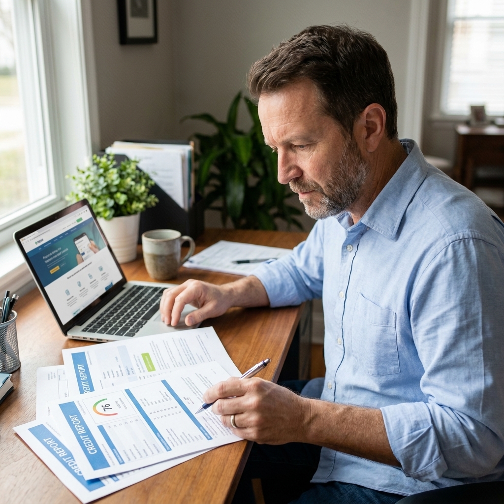 A person at a desk reviewing printed credit report pages with a pen and a laptop open, real-life scene
