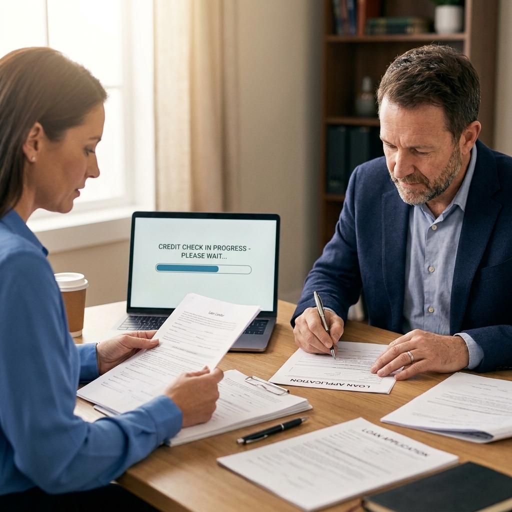 A person at a desk signing a loan application while a lender reviews documents and a laptop screen shows a credit check in progress