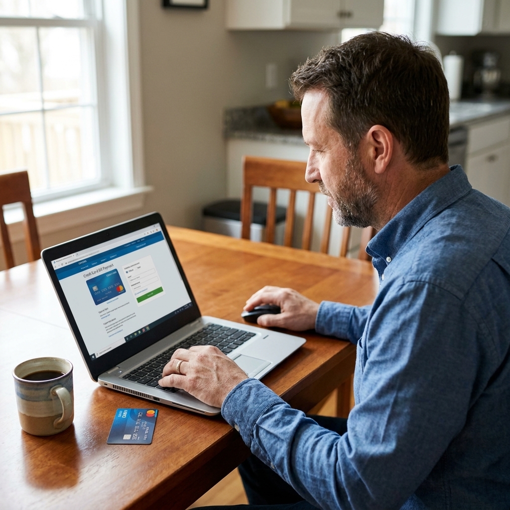 A person at a dining table paying a credit card bill on a laptop while a debit card and a cup of coffee sit nearby