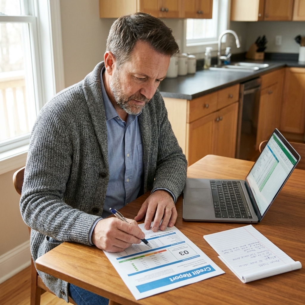 A person at a kitchen table reviewing a printed credit report next to a laptop and a notepad, focused and organized