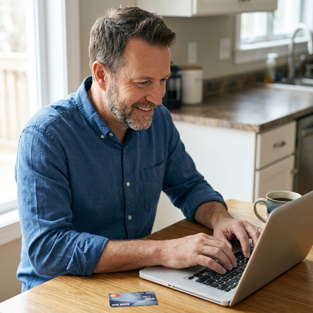 A person at a kitchen table using a laptop to make an online payment, with a checking account debit card resting nearby