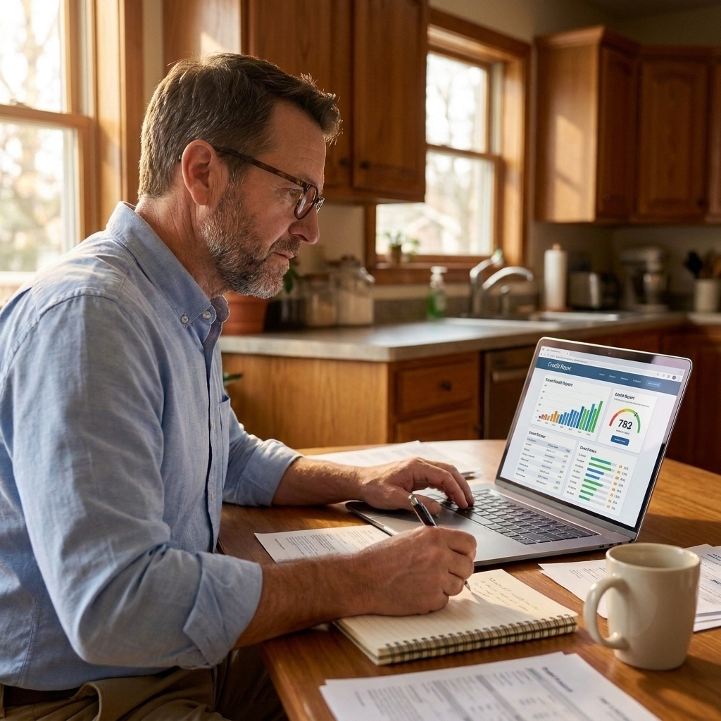 A person at home viewing a credit report on a laptop screen while taking notes with a pen
