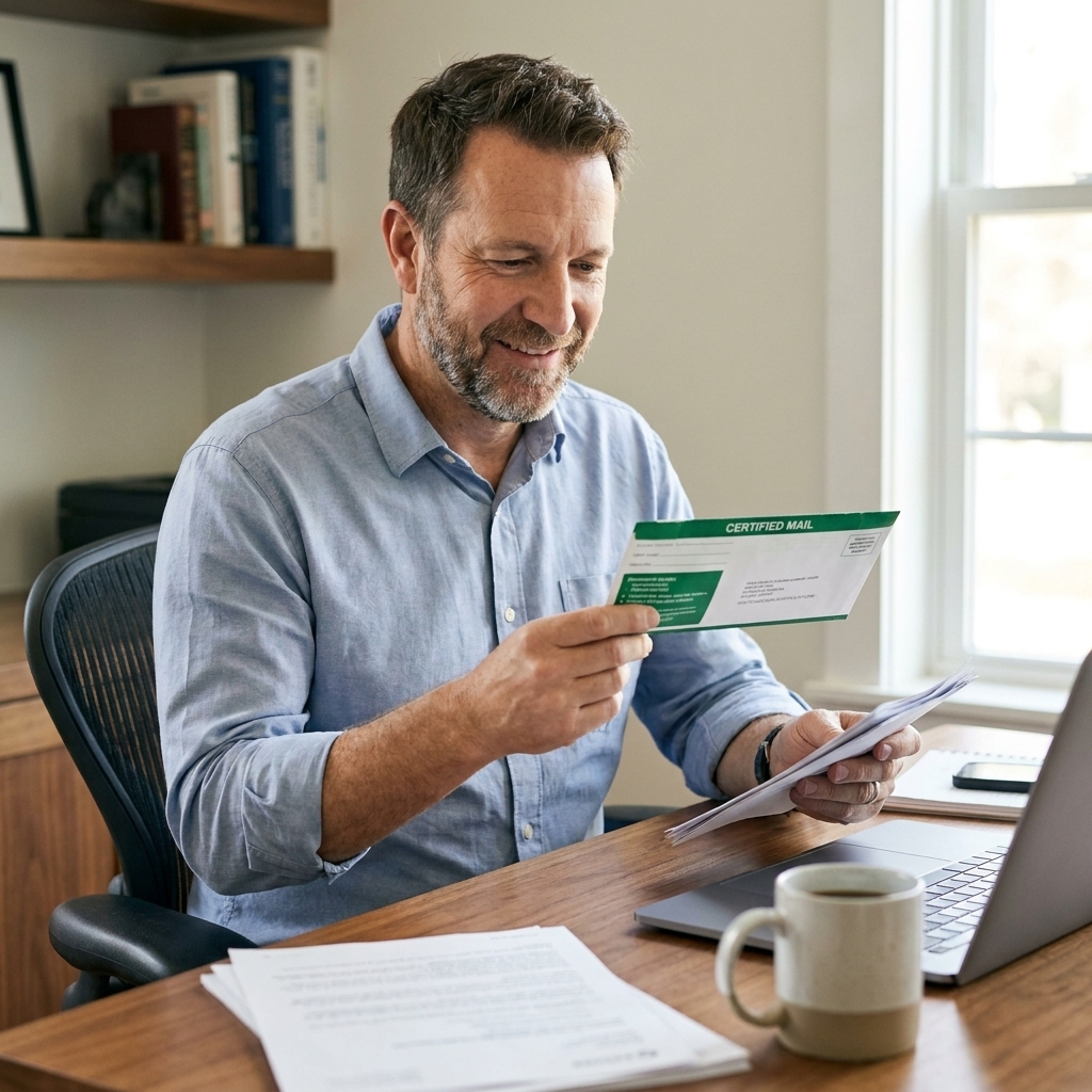 A person holding a certified mail envelope and a small stack of paperwork at a home desk