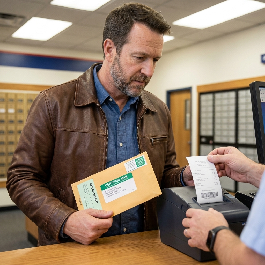 A person holding a certified mail envelope at a post office counter while a receipt prints
