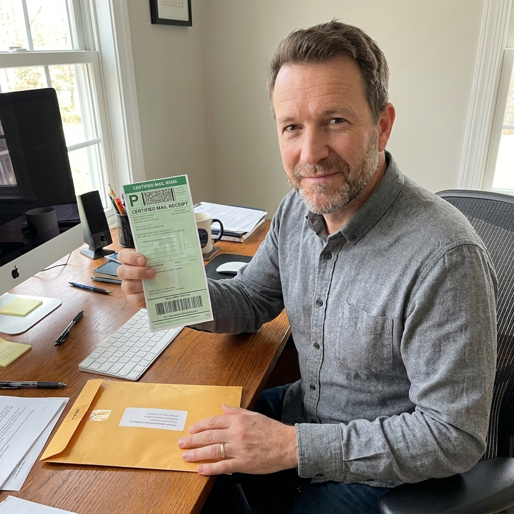 A person holding a certified mail receipt next to a sealed envelope on a desk.