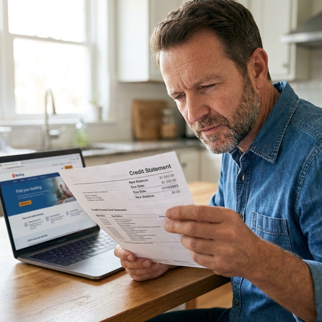 A person holding a credit card statement at a kitchen table with a laptop open, focused on the statement details like balance and due date, natural indoor light