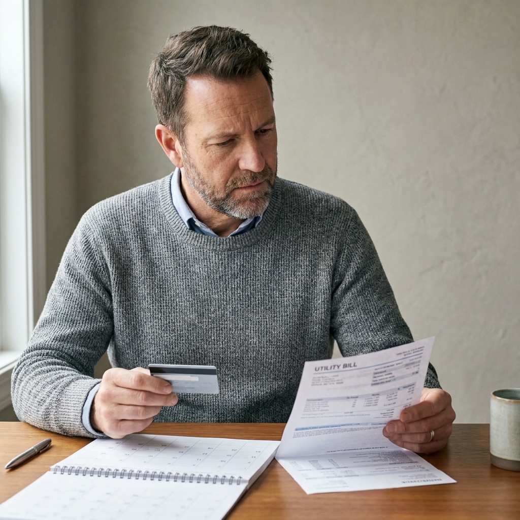 A person holding a credit card while looking at a wall calendar and a paper bill on a desk.