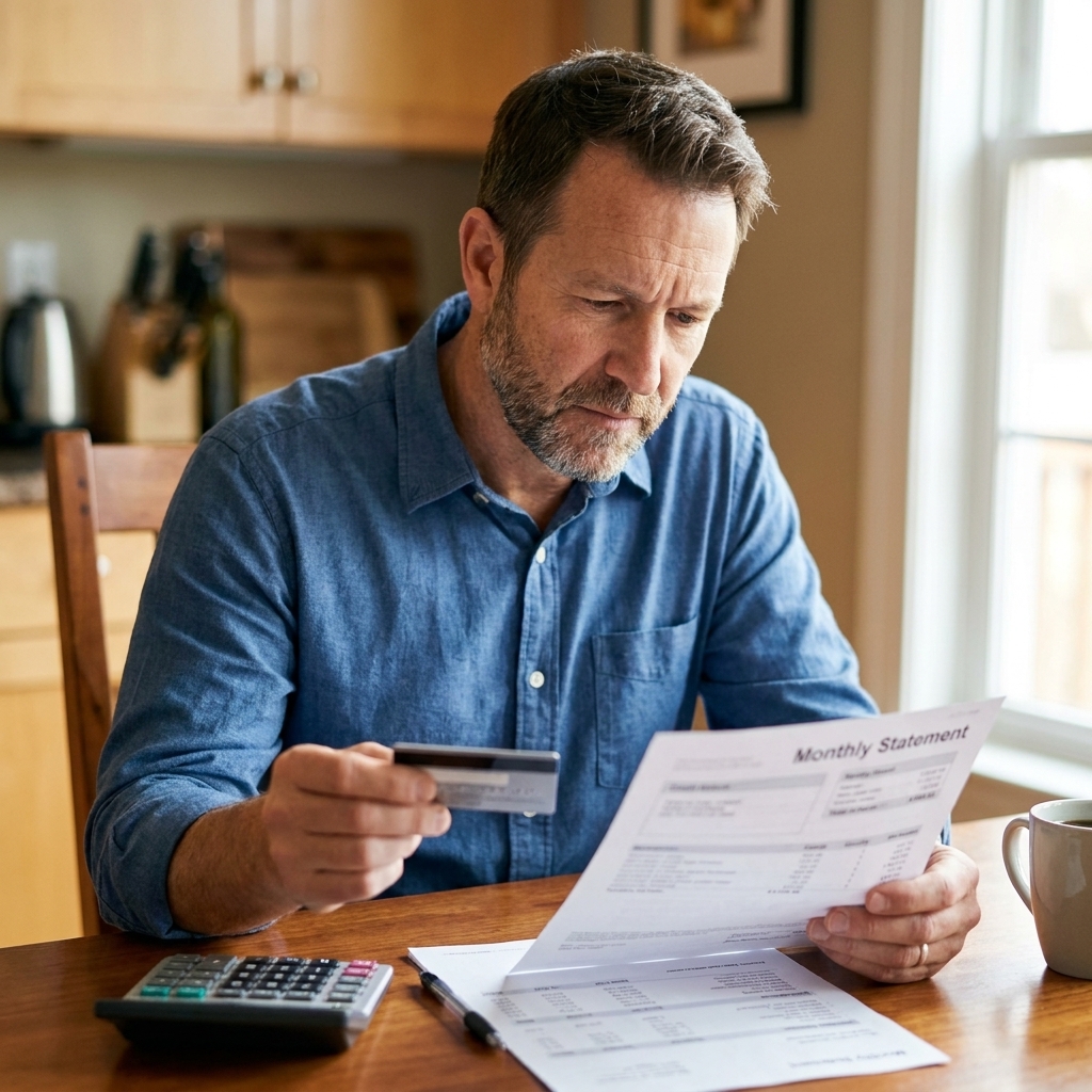A person holding a credit card while reviewing a monthly statement at a kitchen table with a calculator nearby