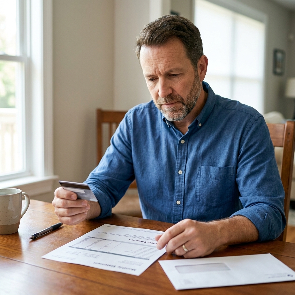 A person holding a credit card while reviewing a monthly statement at a dining table.