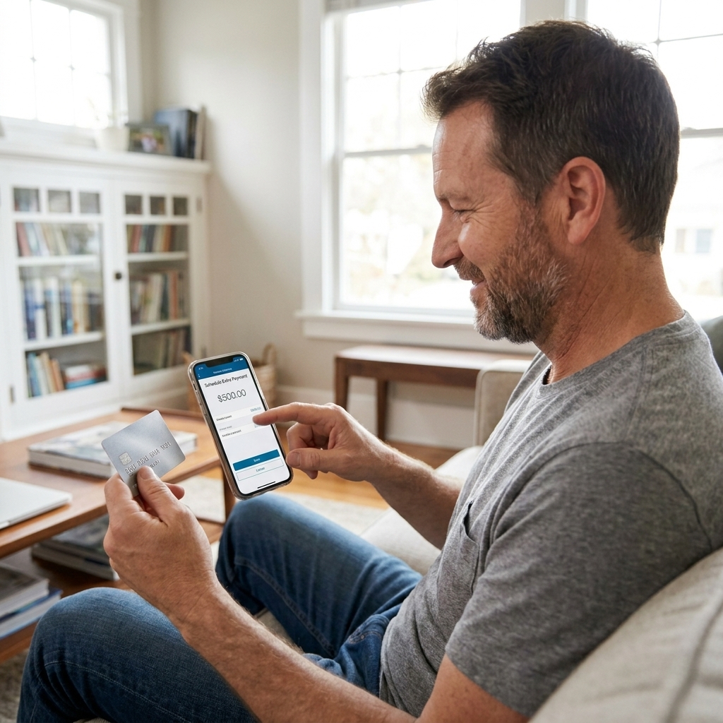 A person holding a credit card while scheduling an extra payment in a mobile banking app at home, candid real photograph
