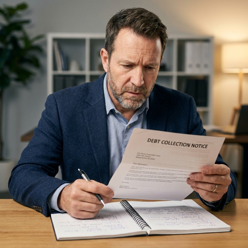 A person holding a debt collection letter while sitting at a desk with a pen and open notebook