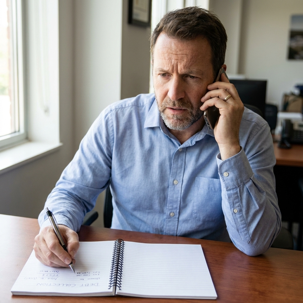 A person holding a phone at a desk with a notebook open, taking notes during a debt collection call.