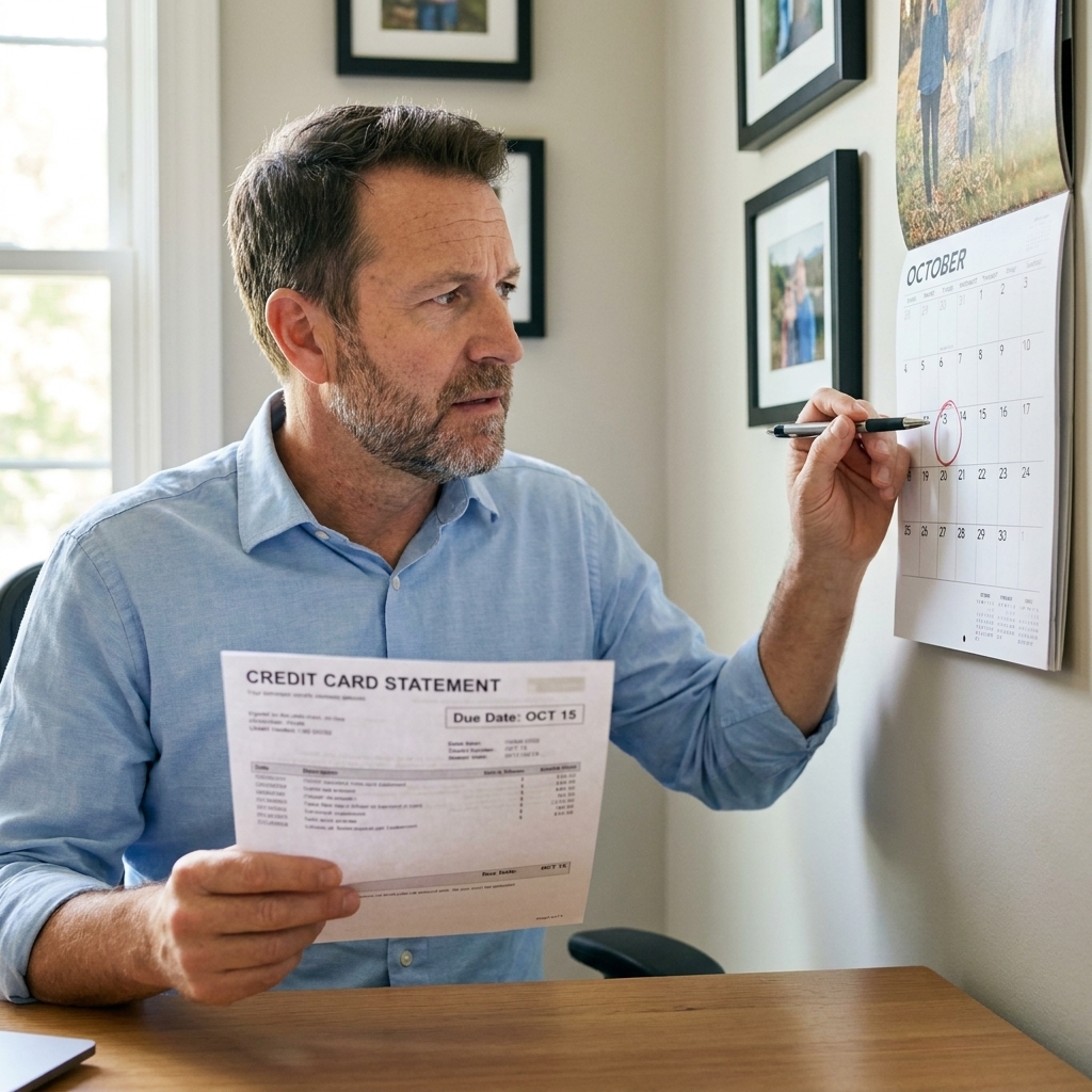 A person holding a printed credit card statement while checking a calendar for the statement date
