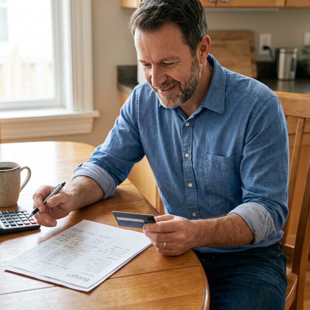 A person holding a secured credit card while reviewing a monthly budget on paper at a kitchen table