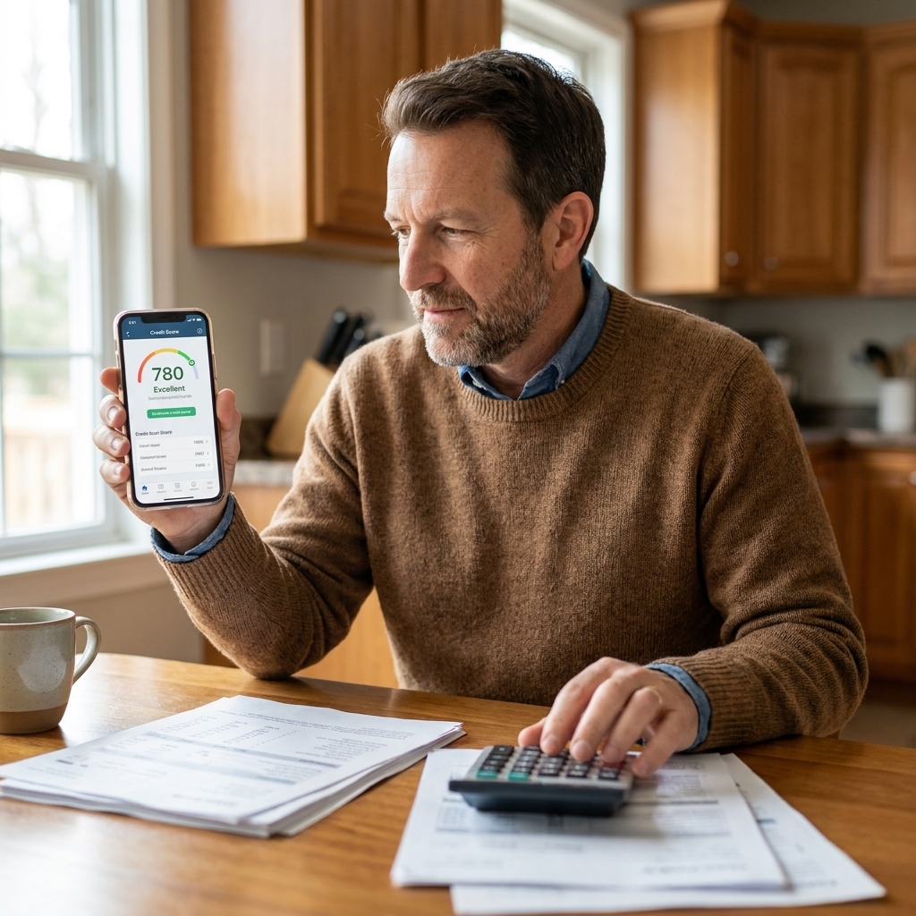 A person holding a smartphone displaying a credit score app screen while sitting at a kitchen table with papers and a calculator nearby