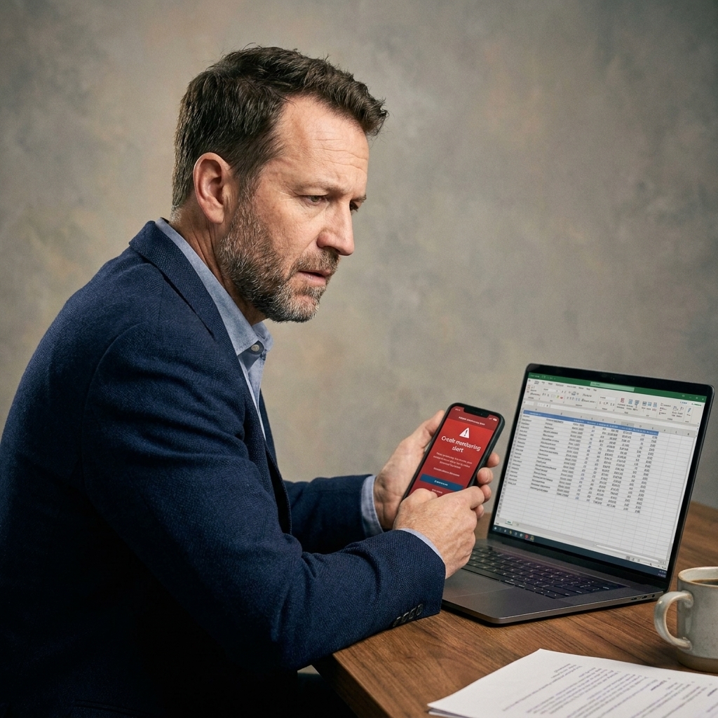 A person holding a smartphone showing a credit monitoring alert while sitting at a desk with a laptop open