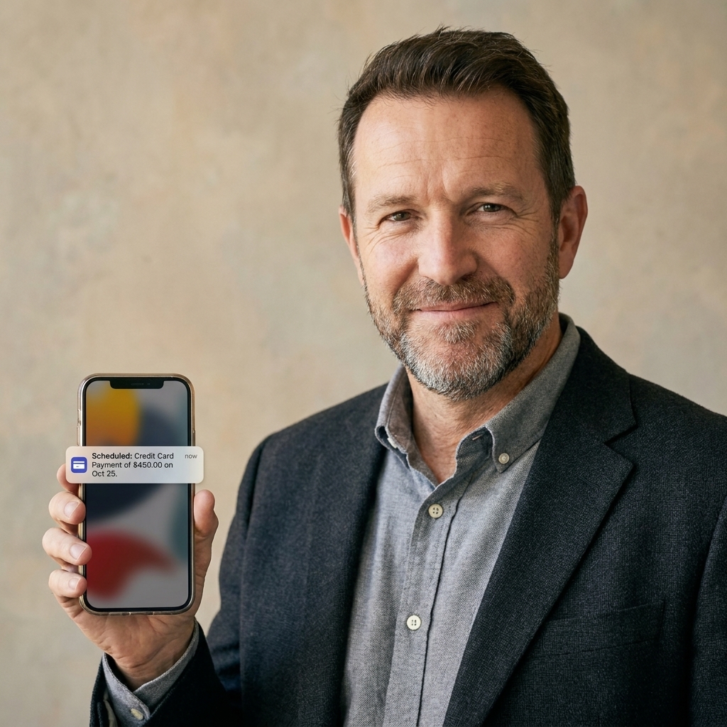 A person holding a smartphone showing a notification that a credit card payment is scheduled