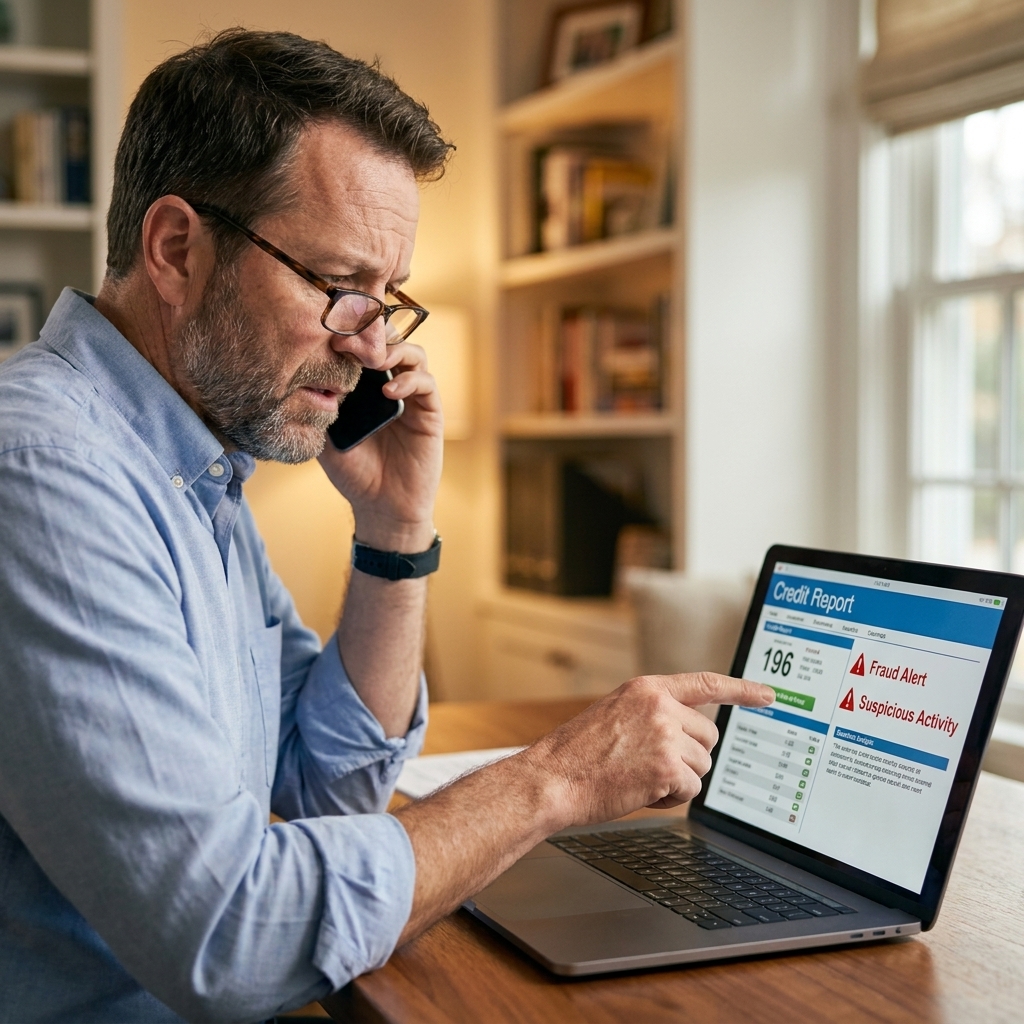 A person holding a smartphone to their ear while reviewing a credit report on a laptop, representing an identity verification call related to a fraud alert