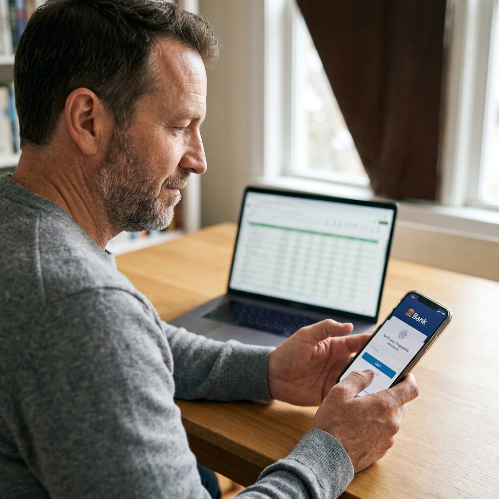 A person holding a smartphone while logging into a financial app, with a laptop open on a table in the background