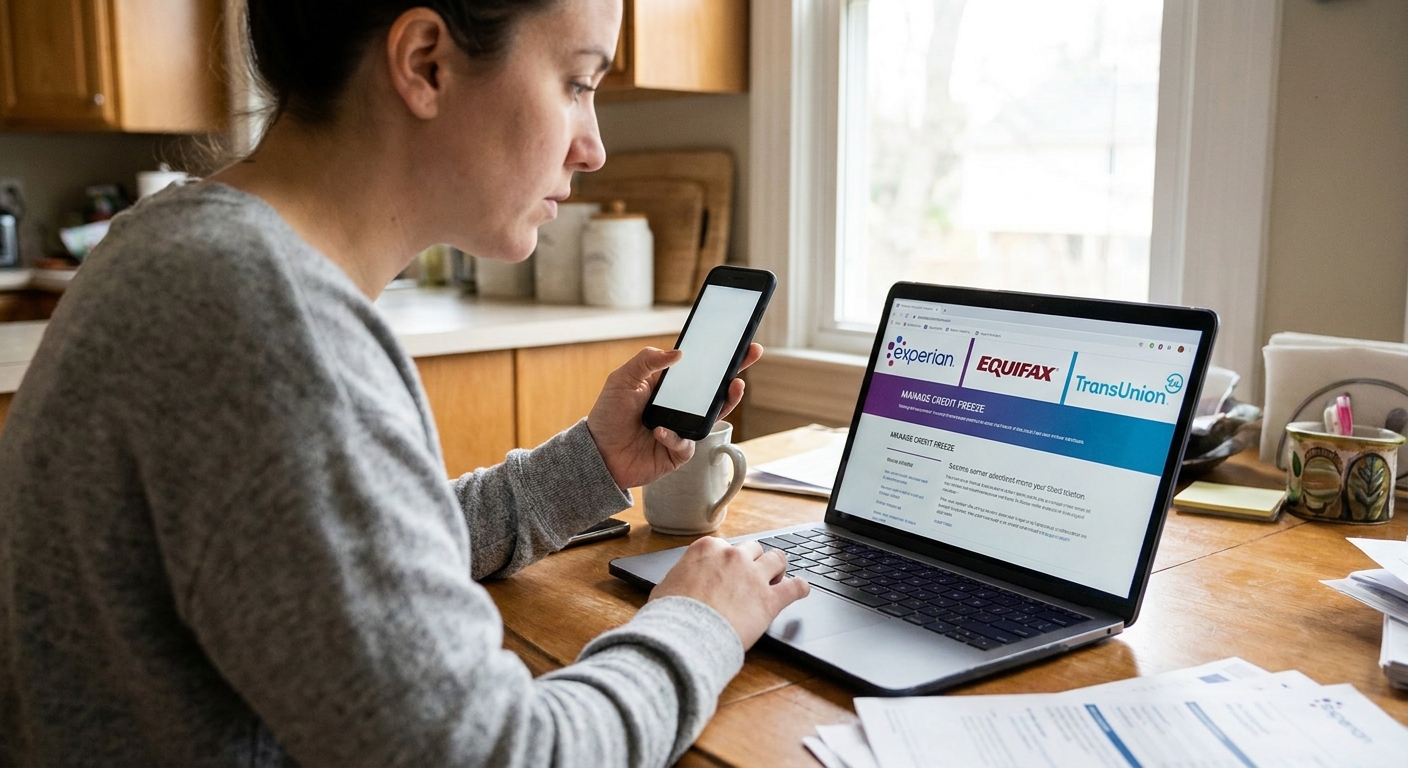 A person holding a smartphone while looking at a laptop on a kitchen table, reviewing the Experian, Equifax, and TransUnion websites to manage a credit freeze