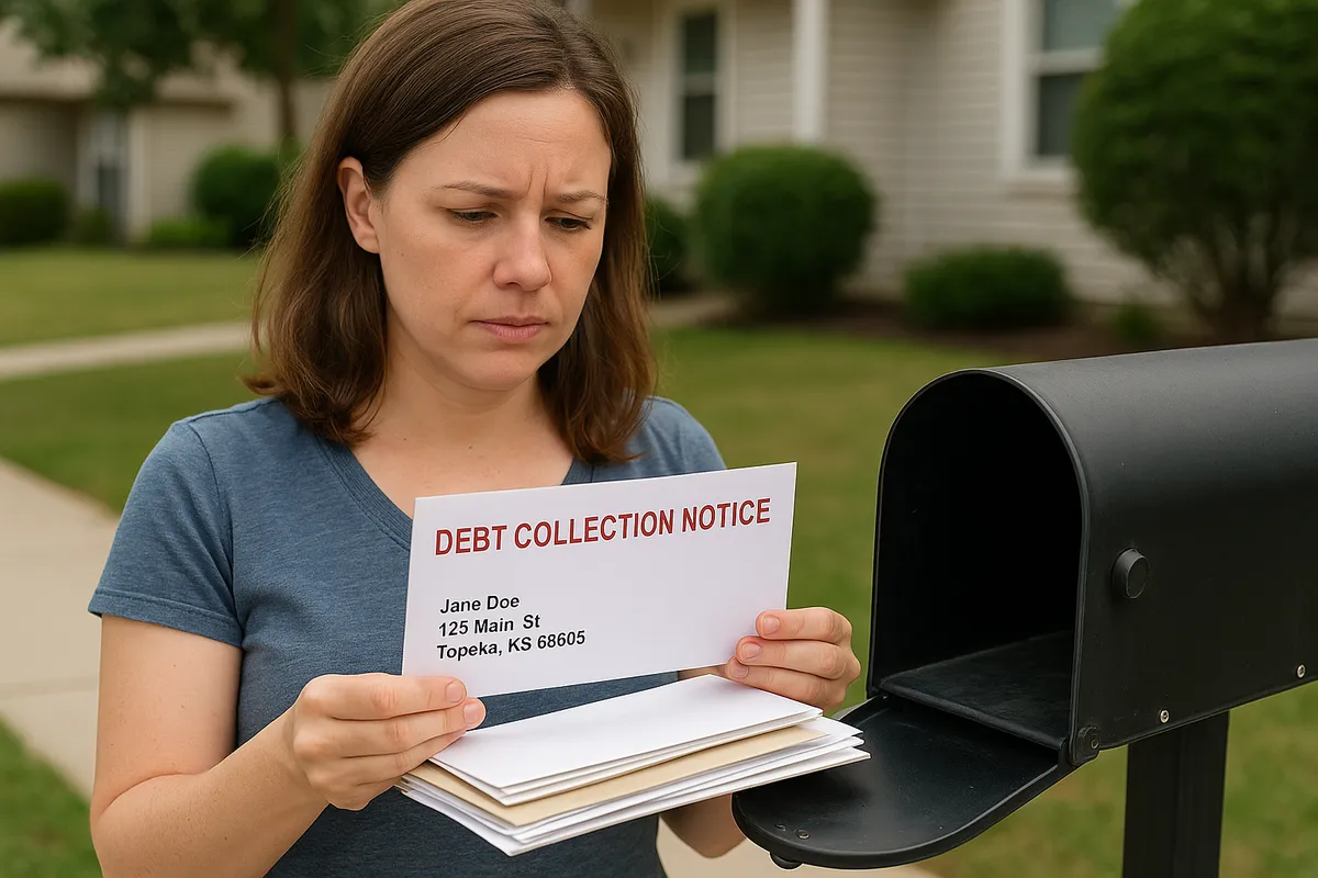 A person holding a stack of mail, including a debt collection notice, standing near a home mailbox