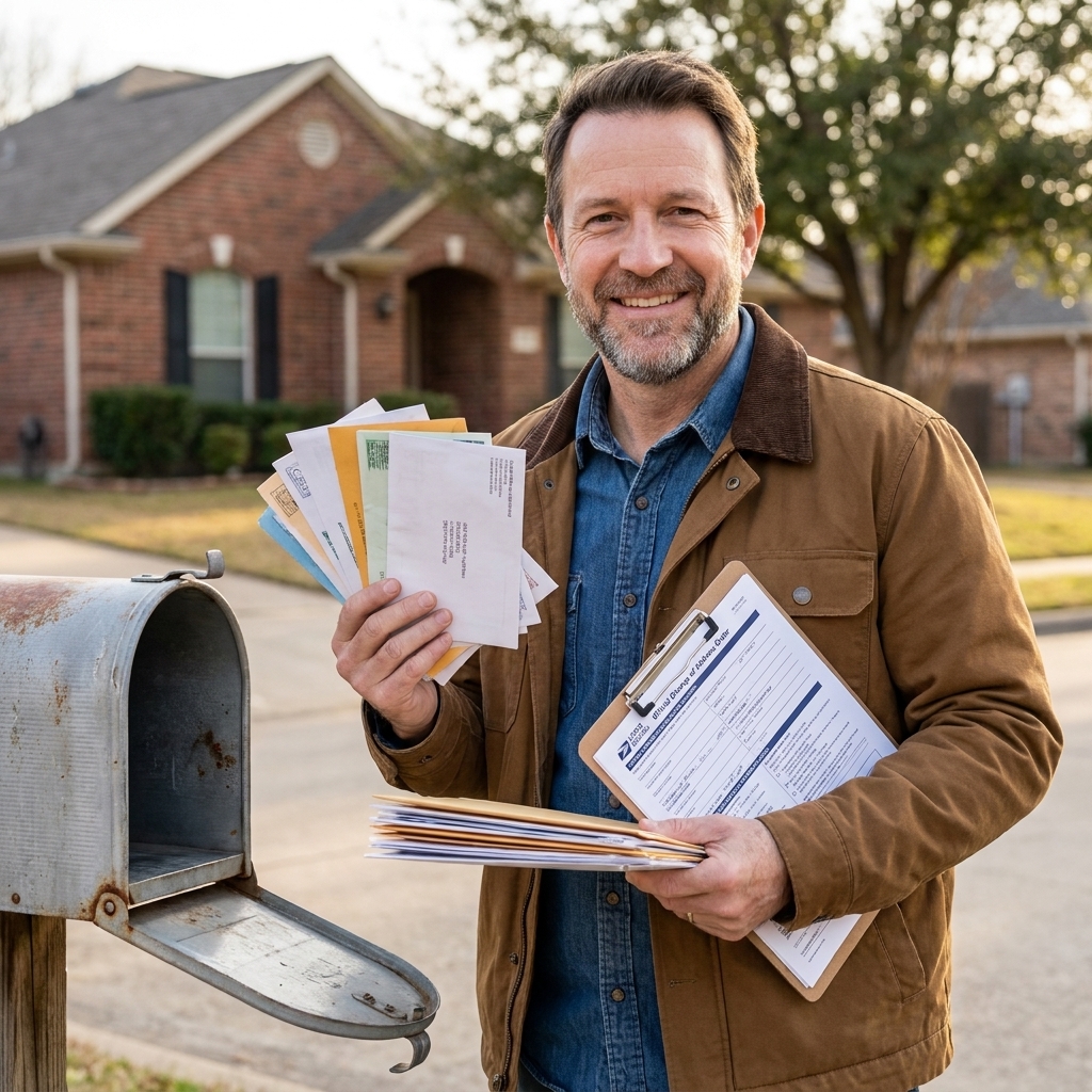 A person holding a stack of mail next to a mailbox, with an address change form on a clipboard