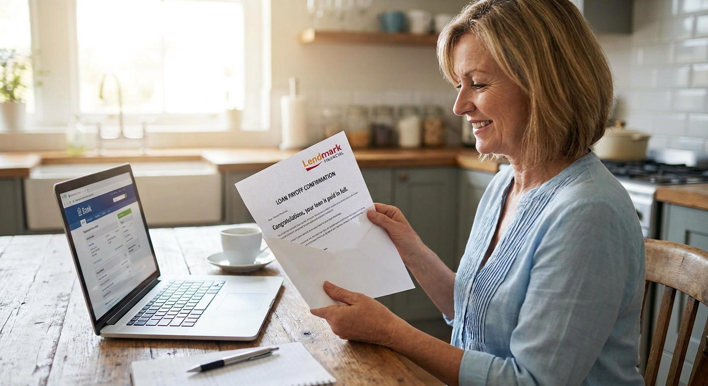 A person holding an opened envelope with a loan payoff confirmation letter on a kitchen table next to a laptop and a pen