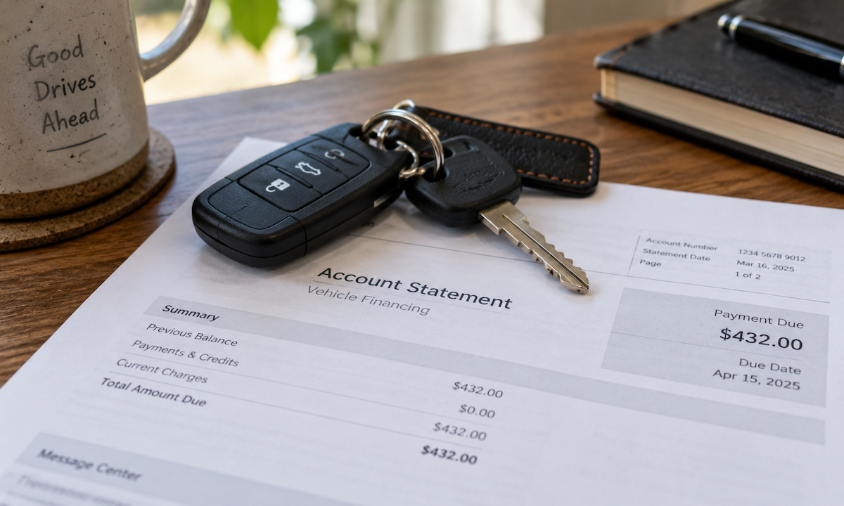 A person holding car keys while reviewing an auto loan statement on a table at home