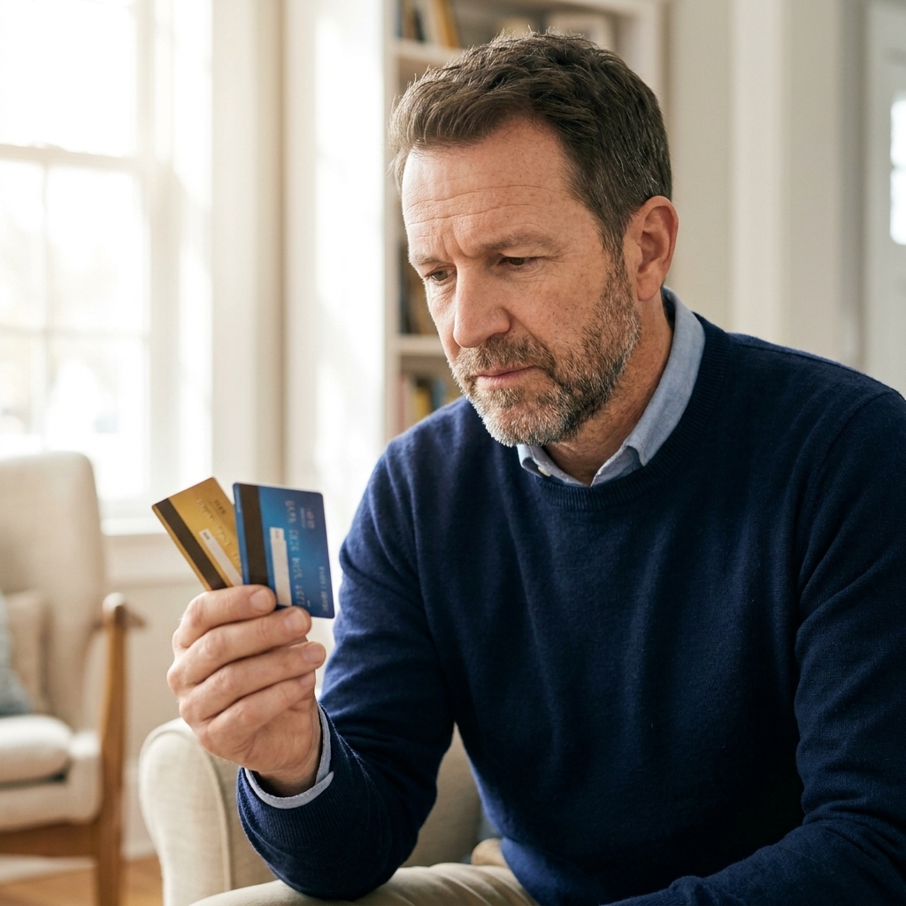 A person holding two different credit cards in their hand while looking down at them thoughtfully in a well-lit room
