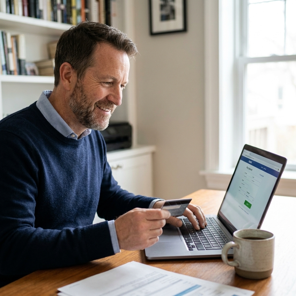 A person making a credit card payment on a laptop at home with a credit card and coffee mug on the table.