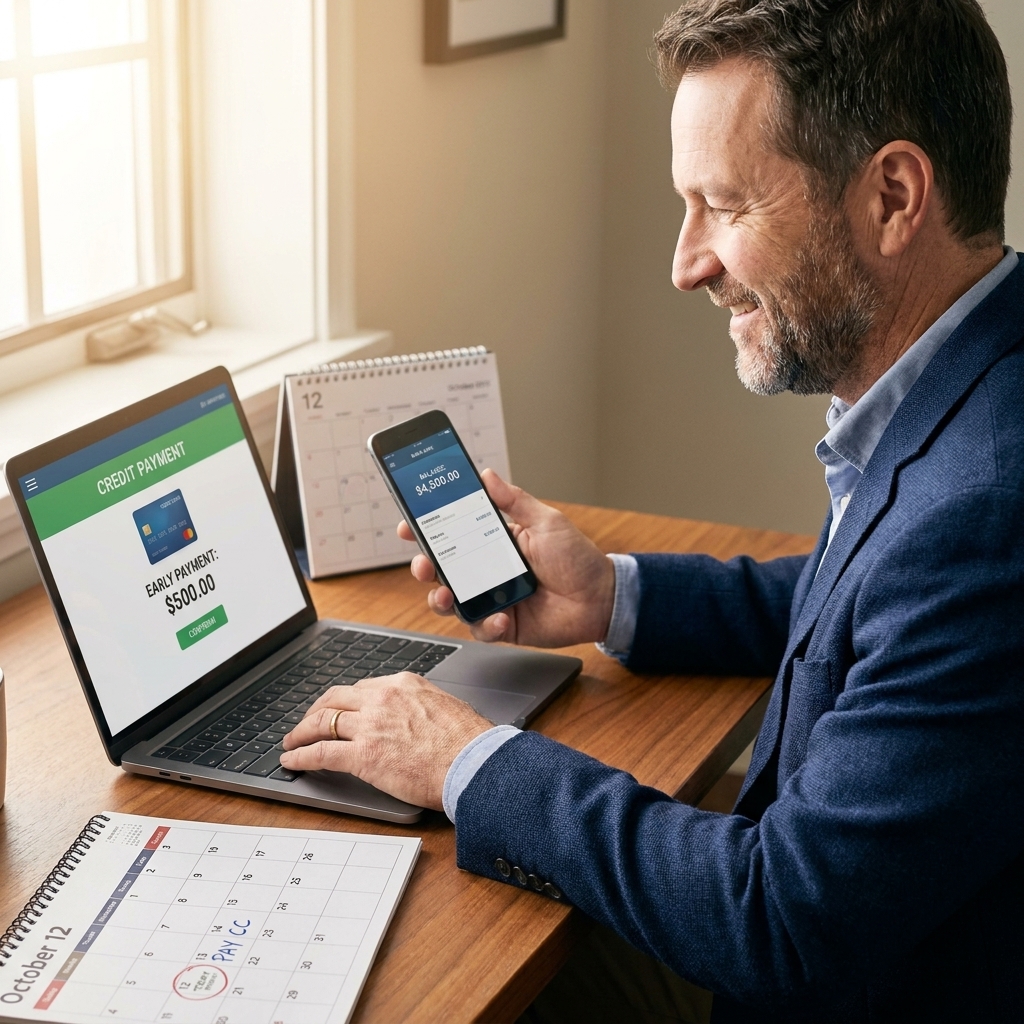 A person making an early credit card payment on a laptop while checking a calendar and bank account balance
