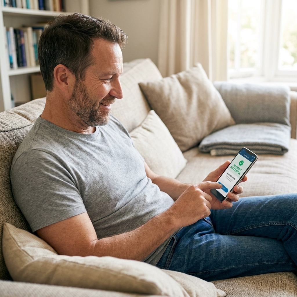 A person making an early credit card payment on a smartphone mobile banking app while sitting on a couch at home.