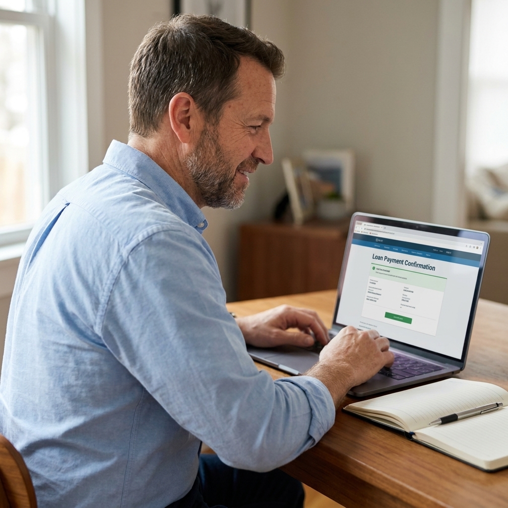 A person making an online loan payment on a laptop with a notebook and pen on the table