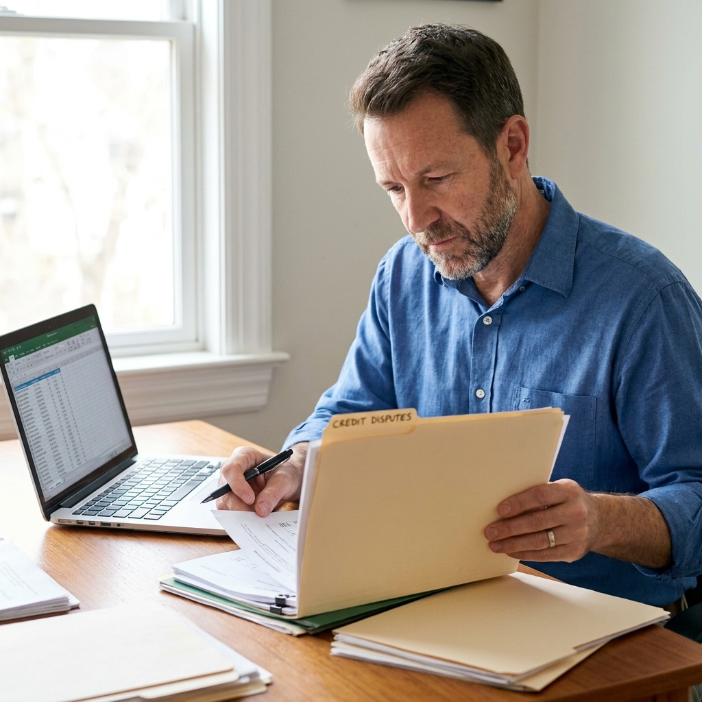 A person organizing credit dispute paperwork into folders next to a laptop and a pen.