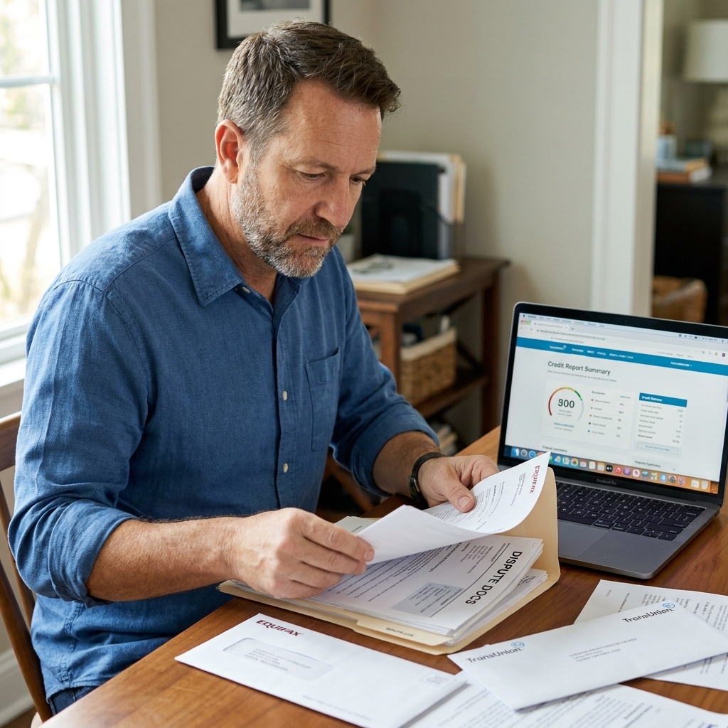 A person organizing labeled financial documents in a folder next to a laptop, preparing to follow up on a credit report dispute