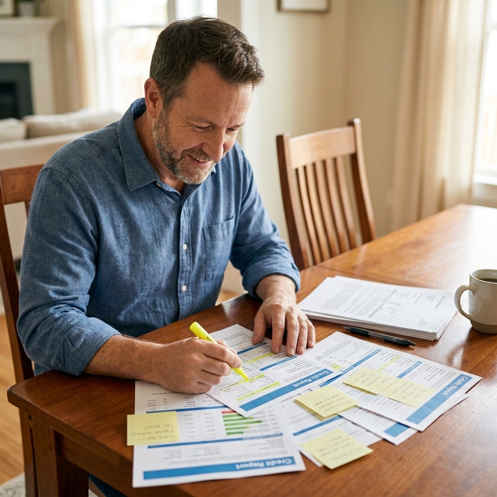 A person organizing printed credit report pages on a dining table with a highlighter and sticky notes