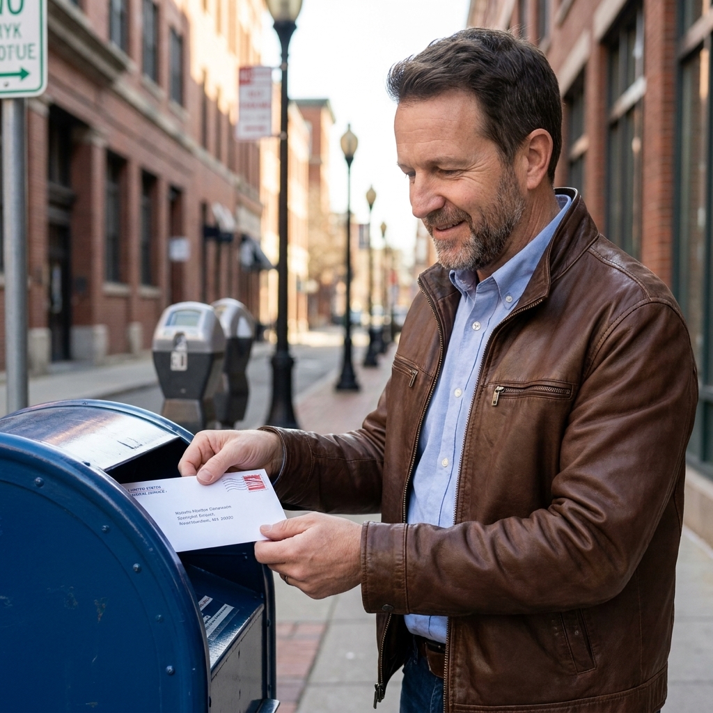 A person placing a stamped letter into a blue USPS mailbox on a city sidewalk