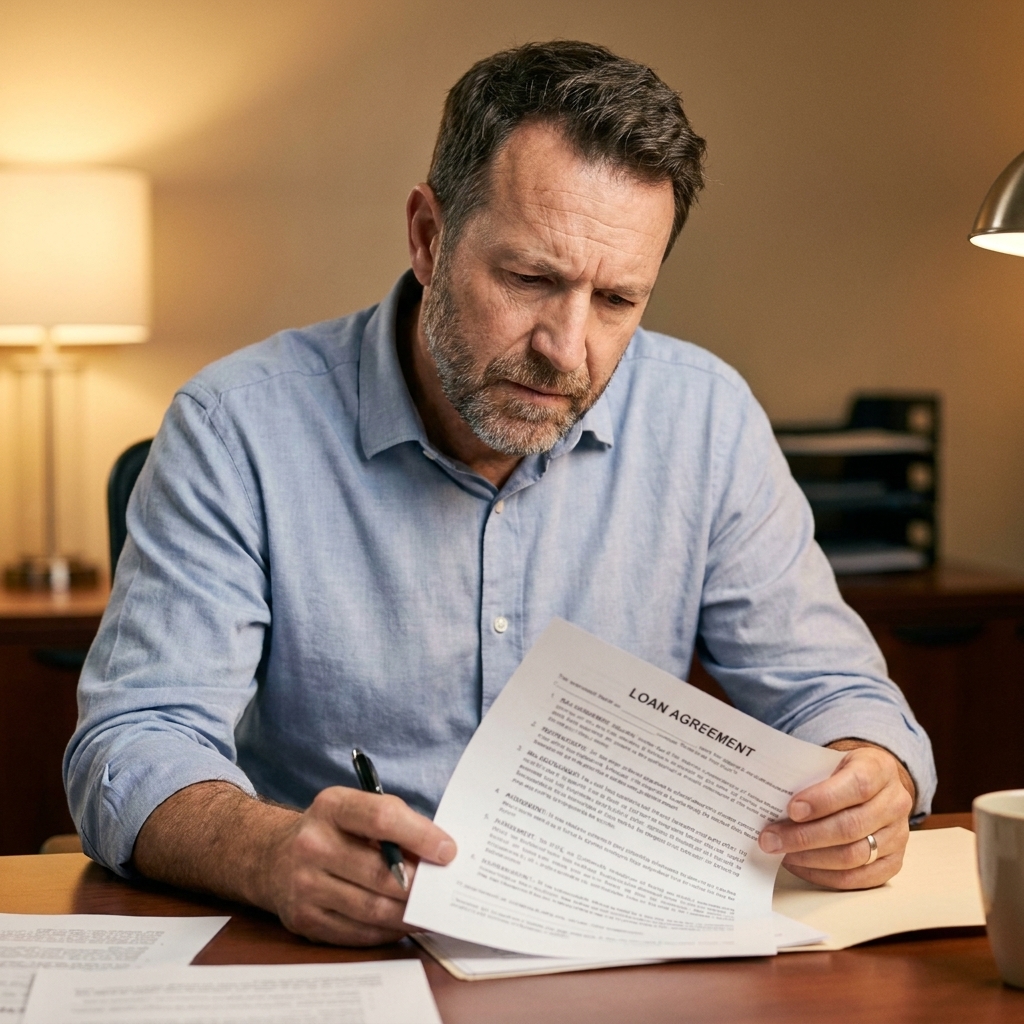 A person reading a printed loan agreement at a desk with a pen in hand, focused on the page