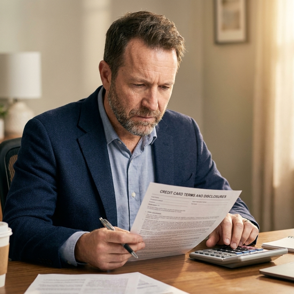 A person reviewing a credit card terms disclosure sheet at a desk with a calculator and a pen